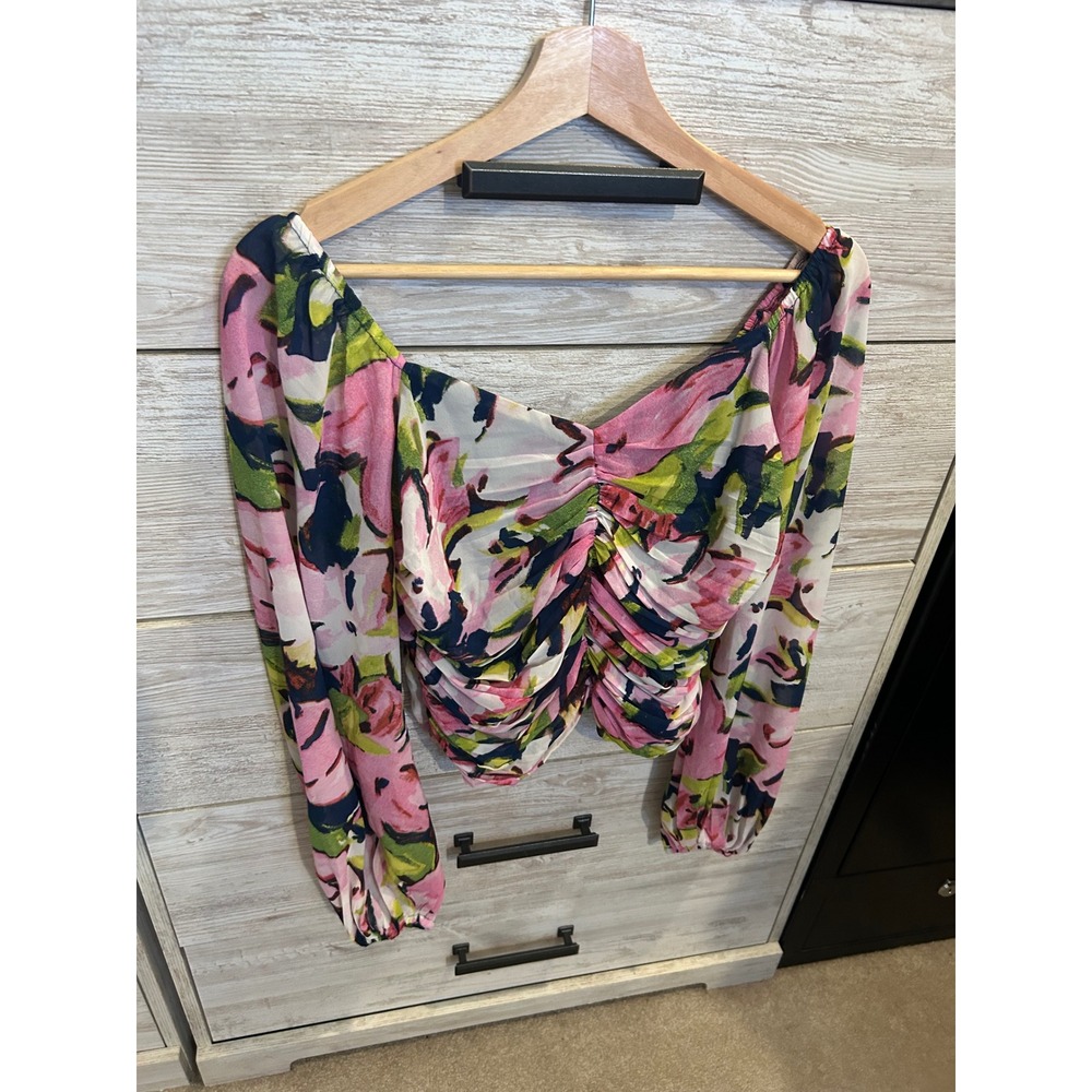 Abercrombie & Fitch Floral Ruched Smocked Long Sleeve Crop Top Pink Green Medium - Picture 3 of 6